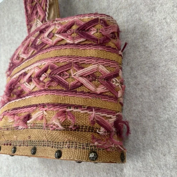 VTG Handmade Burlap Yarn Embroidered Tote Bag Geometric Stitched Pink Brown Boho - Picture 11 of 16